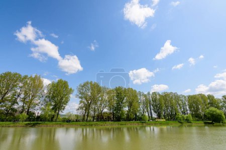 Petit lac avec un moulin à bois et une île du parc Chindiei (Parcul Chindiei) à Targoviste, Roumanie, par une journée de printemps ensoleillée avec des nuages blancs et un ciel bleu
