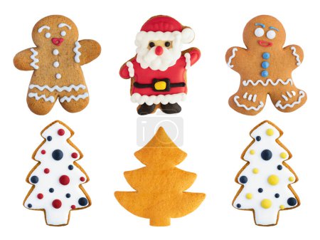 A collection of various colorful Christmas cookies on a white background. Close-up.