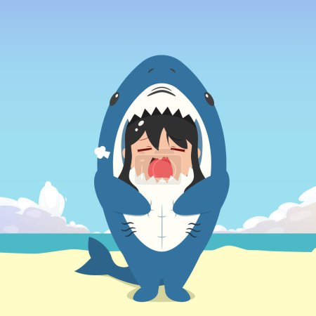 Illustration for Little girl wearing a shark costume character yawns isolated on a beach background. little girl wearing a shark costume character emoticon illustration - Royalty Free Image