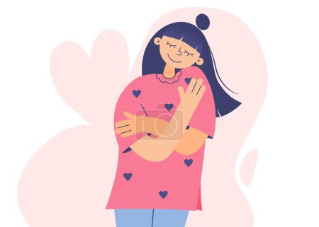Love yourself. Love the concept of your body. Skin care for girls. Find time for yourself. Vector illustration. Woman hugging herself with hearts on a white background. Pastel cute soft colors. Relax