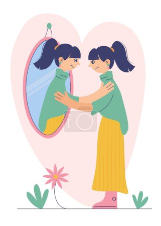 A young woman hugs her own reflection in the mirror. Love yourself, self care, self acceptance concept. Hand drawn vector colorful funny cartoon style illustration