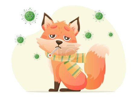 Illustration for The baby fox has a high temperature. Thermometer in mouth and scarf around neck. Drawn in cartoon style. Vector illustration for designs, prints and patterns. Isolated on white background - Royalty Free Image