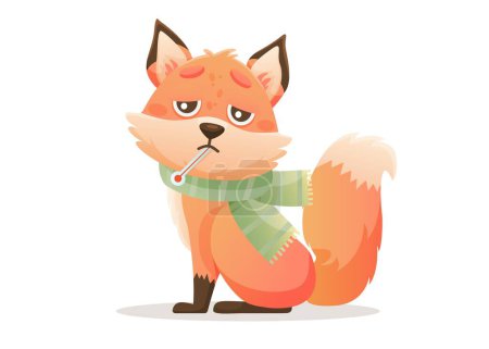 Illustration for The baby fox has a high temperature. Thermometer in mouth and scarf around neck. Drawn in cartoon style. Vector illustration for designs, prints and patterns. - Royalty Free Image