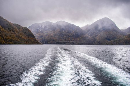 Téléchargez les photos : Une montagne brumeuse le long du Nearoyfjord, Norvège - en image libre de droit