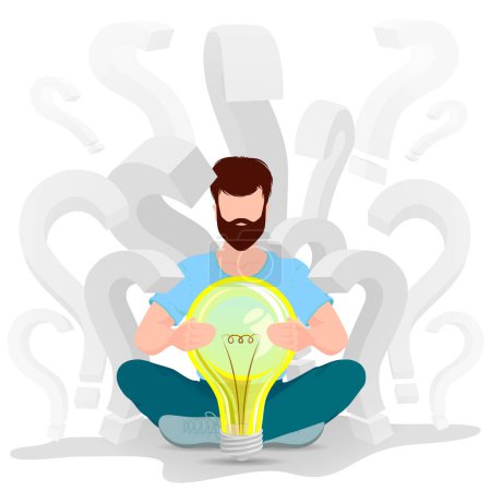 Téléchargez les illustrations : Creative idea concept. Man is holding bulb lamp surrounded by questions. Vector illustration - en licence libre de droit