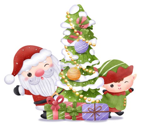 Illustration for Christmas Series Cute Santa and little elf - Royalty Free Image