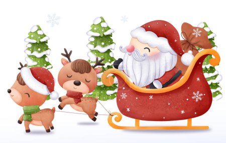 Illustration for Christmas Illustration Santa and reindeer - Royalty Free Image