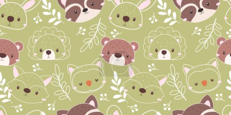 Cute animals face and floral seamless pattern