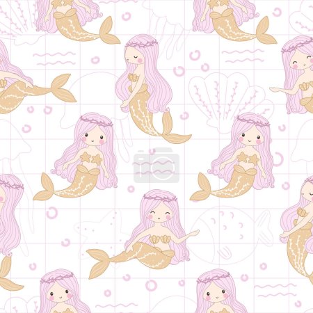 Illustration for Cute Mermaids and Friends Seamless Pattern - Royalty Free Image