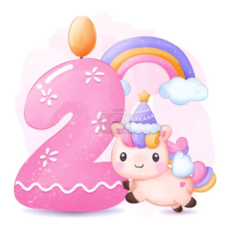 Téléchargez les illustrations : Illustration de fête d'anniversaire de licornes mignonnes - en licence libre de droit