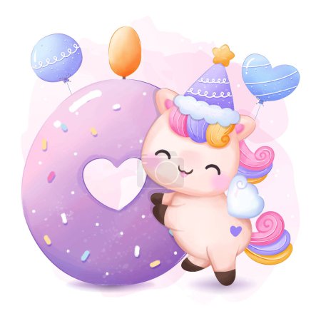 Téléchargez les illustrations : Illustration de fête d'anniversaire de licornes mignonnes - en licence libre de droit