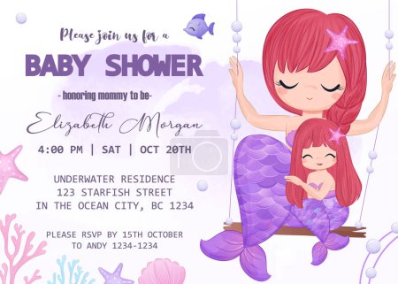 Illustration for Baby shower invitation template with mermaid - Royalty Free Image