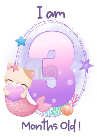 Illustration for Baby milestone cards set with kitty mermaid - Royalty Free Image