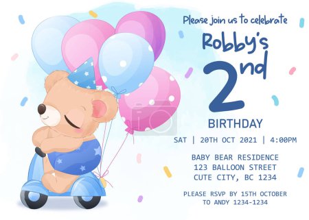 Illustration for Adorable birthday party invitation template with baby bear - Royalty Free Image