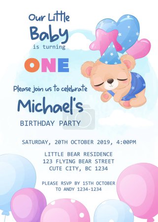 Téléchargez les illustrations : Adorable modèle d'invitation de fête d'anniversaire avec bébé ours - en licence libre de droit