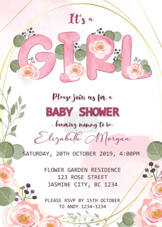 Illustration for Its a girl invitation template with flowers - Royalty Free Image