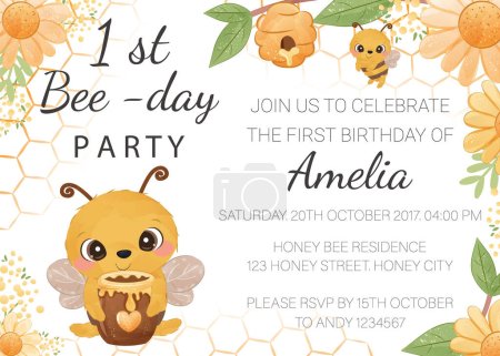 Téléchargez les illustrations : Anniversaire fête invitation modèle avec miel abeille - en licence libre de droit
