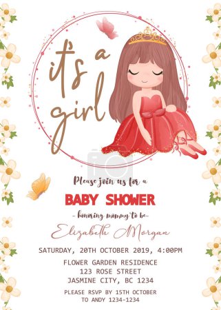Illustration for Baby shower invitation template with cute girl - Royalty Free Image