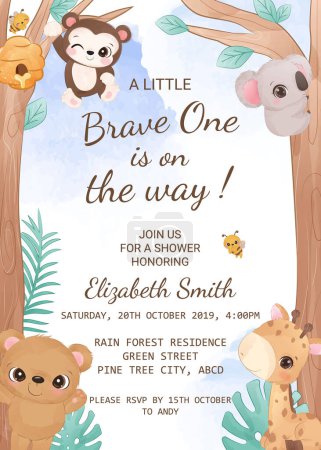 Illustration for Baby shower invitation template with wild animals - Royalty Free Image