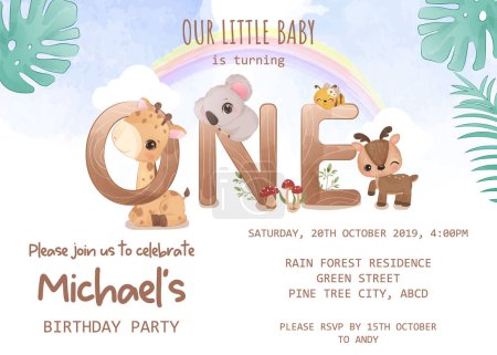 Illustration for Birthday party invitation template with wild animals - Royalty Free Image