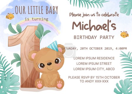 Téléchargez les illustrations : Modèle d'invitation de fête d'anniversaire avec bébé ours - en licence libre de droit