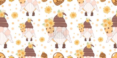 Illustration for Cute Bee Gnome Themed Seamless Pattern - Royalty Free Image