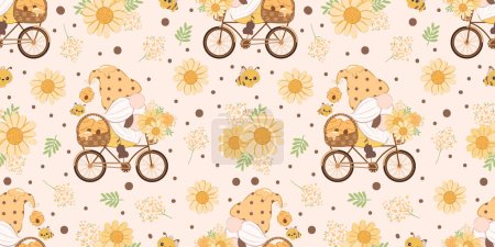 Illustration for Cute Bee Gnome Themed Seamless Pattern - Royalty Free Image