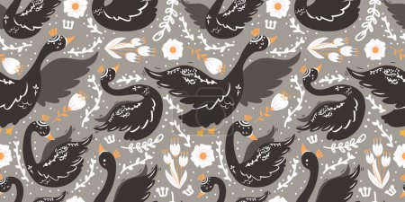 Illustration for Swan and Flowers Themed Seamless Pattern - Royalty Free Image