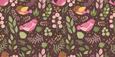 Téléchargez les illustrations : Oiseaux dans le jardin motif sans couture thématique - en licence libre de droit