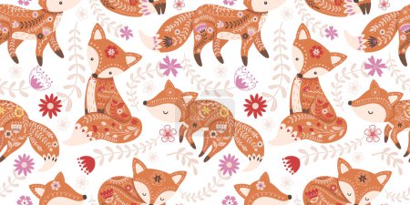 Illustration for Beautiful Folk Fox Seamless Pattern - Royalty Free Image