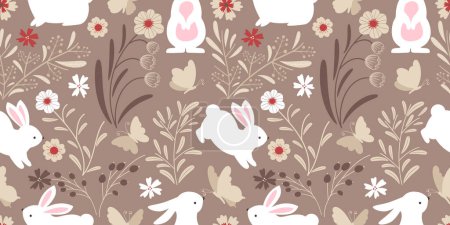 Illustration for Cute Bunny In The Garden Seamless Pattern - Royalty Free Image