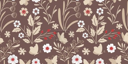 Illustration for Beautiful Flowers and Butterfly Seamless Pattern - Royalty Free Image
