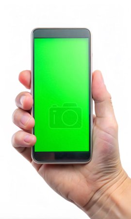 Smartphone with a green screen in a man's hand on a white background. AI, generation, illustration