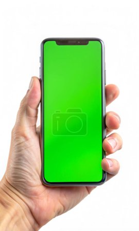 A hand holds a smartphone with a green screen on a white background