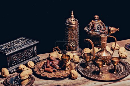 Foto de Arabic Cuisine. Middle Eastern traditional lunch. Its also Ramadan Iftar. The Meal eaten by Muslims after sunset during Ramadan - Imagen libre de derechos