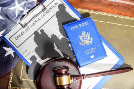 Immigration law concept. Gavel, passport and Silhouette of immigrants on wooden table