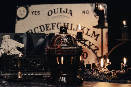 A dark atmospheric setting with an Ouija board, candles, and mystical objects invoking a sense of the occult