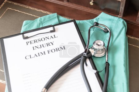 Photo for Medical Claim Form with Stethoscope on Doctors Desk - Royalty Free Image