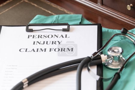 Photo for Medical Claim Form with Stethoscope on Doctors Desk - Royalty Free Image