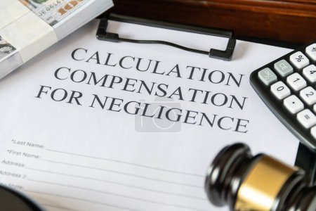 Documento legal titulado Cálculo Compensación por negligencia con un mazo y calculadora, que simboliza los procedimientos judiciales