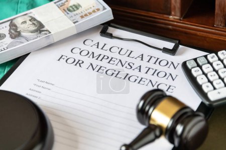 Legal document titled Calculation Compensation for Negligence with a gavel and calculator, symbolizing judicial proceedings