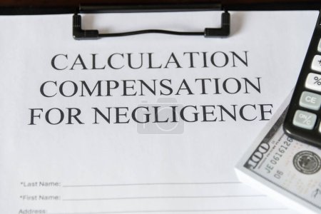 Legal document titled Calculation Compensation for Negligence with a gavel and calculator, symbolizing judicial proceedings