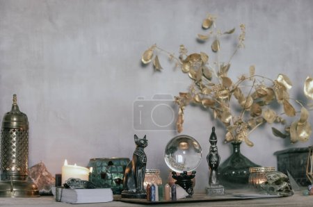 Photo for Esoteric Divination Setup with Tarot Cards and Crystal Ball - Royalty Free Image