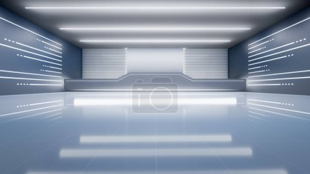 Photo for 3d rendering of empty space inside futuristic showroom, spaceship, hall or studio in perspective. Include ceiling, hidden light, tile floor and counter. Modern background design of future, technology. - Royalty Free Image