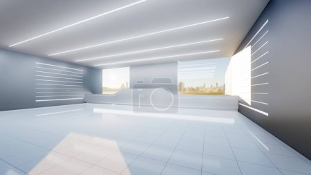 3D-Rendering von leeren Räumen innerhalb futuristischer Showrooms, Raumschiffe, Hallen oder Studios in perspektivischer Ansicht. Inklusive Decke, verstecktem Licht, weißem Fliesenboden. Modernes Hintergrunddesign der Zukunft, Technologie.
