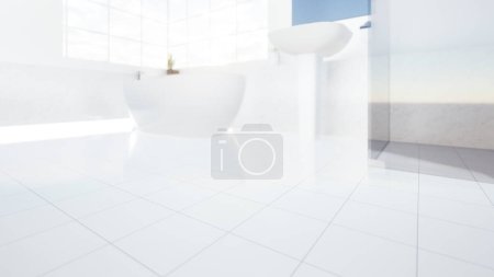 Photo for 3d rendering of white tile floor with texture, pattern. Modern interior design  and decoration of bathroom, shower room in perspective view. Empty space, bright, shiny, reflection surface and clean for product display background. - Royalty Free Image