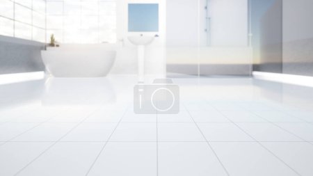 rendu 3d de carrelage blanc plancher avec texture, motif. Design intérieur moderne et décoration de salle de bains, salle de douche en perspective. Espace vide, lumineux, brillant, surface réfléchissante et propre pour l'arrière-plan d'affichage du produit.