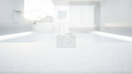 Foto de 3d representación de mostrador de mármol blanco o encimera con baño borroso o cuarto de baño con ducha. Diseño interior moderno en perspectiva. Espacio vacío con el patrón de textura de roca o piedra en la superficie para el fondo de la pantalla del producto. - Imagen libre de derechos