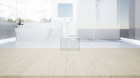 3D-Rendering von Holztheke, Tischplatte oder Arbeitsplatte mit unscharfem Badezimmer oder Duschbad. Modernes Interieur aus perspektivischer Sicht. Leerer Raum mit hölzernem Texturmuster an der Oberfläche für Produktdisplay-Hintergrund.