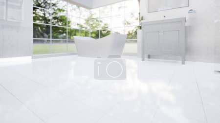 Photo for 3d rendering of white tile floor with grid line, texture or pattern. Modern interior design of bathroom, shower room in perspective view. Empty space, clean, bright, shiny surface, reflection with light from windown for product display background. - Royalty Free Image